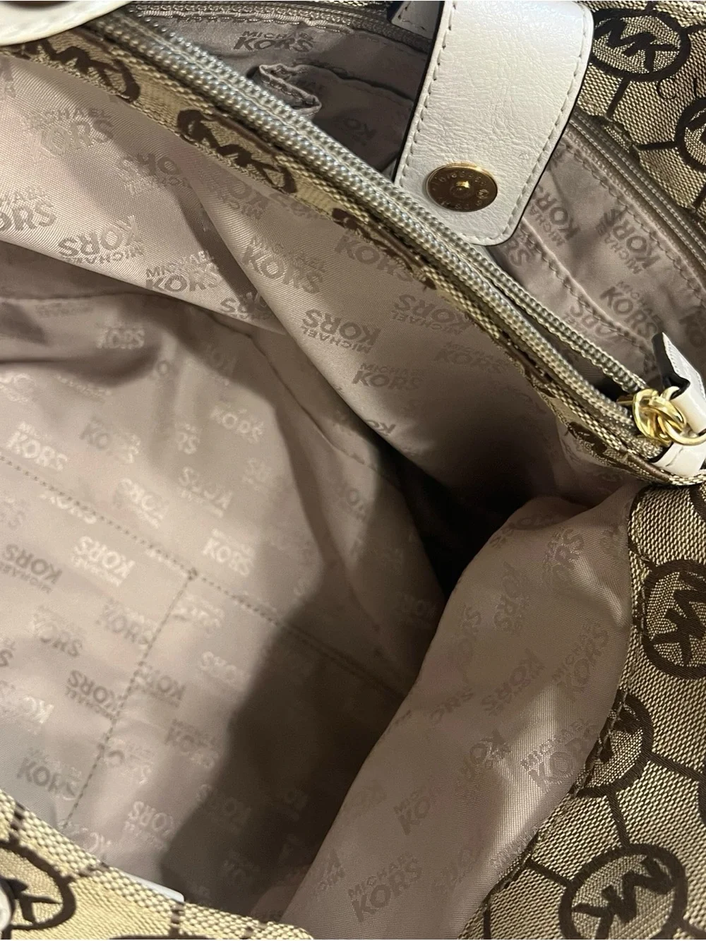 Michael Kors Signature MK Logo Drawstring Bucket Bag White Leather Trim/hardware